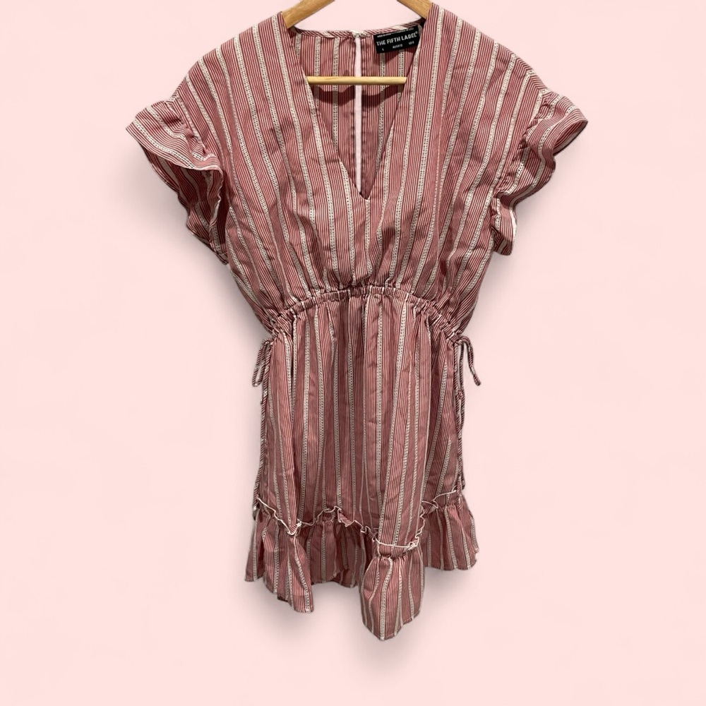 Cute red white stripe ruffle mini peasant dress keyhole back elastic waist